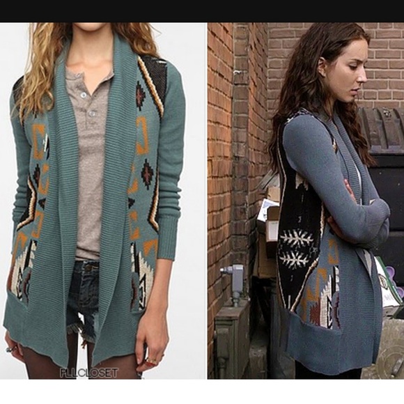 Ecoté Urban Outfitters Blue Intarsia Patterned Shawl Cardigan - Size M - Picture 1 of 12